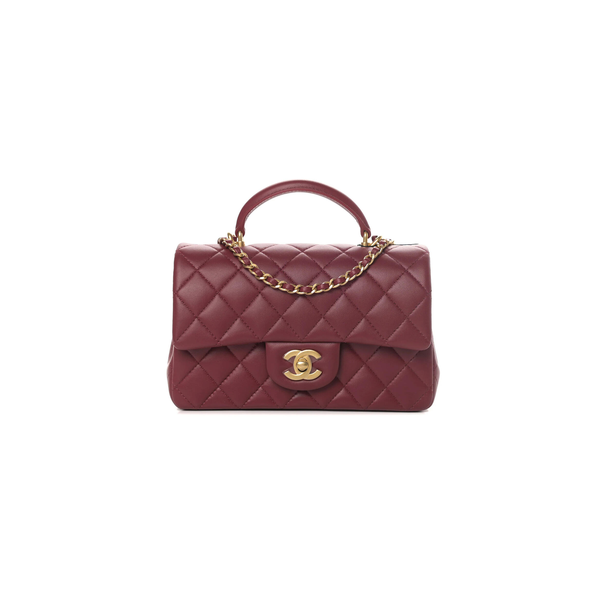 CHANEL LAMBSKIN QUILTED MINI TOP HANDLE RECTANGULAR FLAP BURGUNDY (20*12*6cm)
